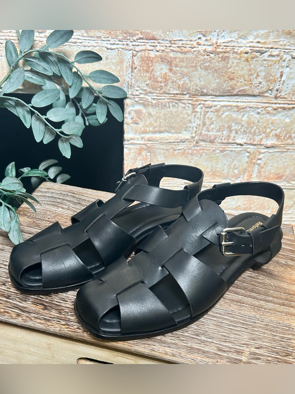 Reformation Black Leather Fisherman Caged Sandals Women’s 7.5 old money